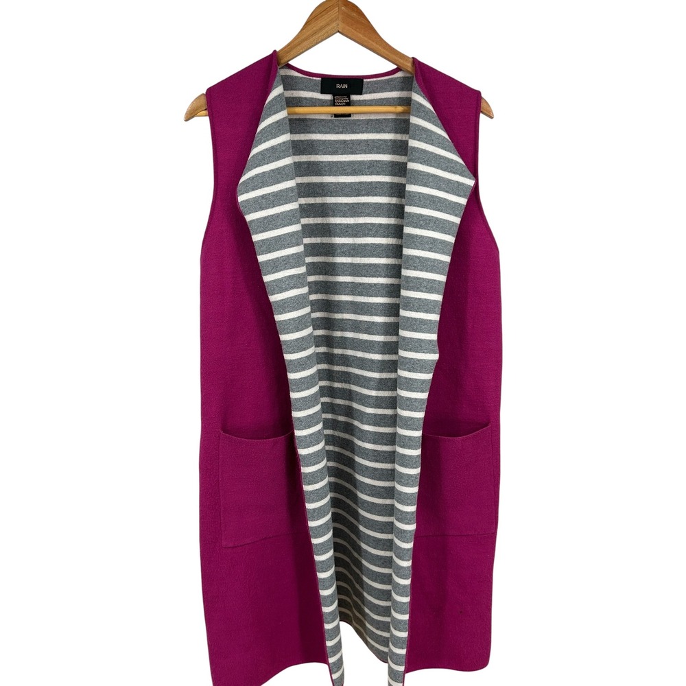 RAIN Womens Magenta Pink Long Knit Vest Stripe Lining Pockets Large